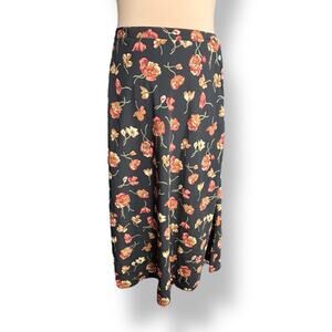 Vintage 90s Halston Black Red Dark Floral Maxi Skirt Side Button Size 12 Fall